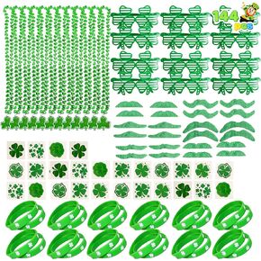 JOYIN 144 PCS St. Patrick's Day Party Favor Accessories with 12 Green Shamrock Eyeglasses 12 Beaded Necklace 72 Temporary Tattoos 24 Mustache 24 bracelets
