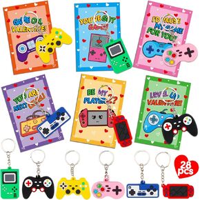 28PCS Video Game Keychains Valentines Day Cards for Kids School Classroom Funny Valentine Day Exchange Gifts for Toddlers Boys Girls Student Valentine's Party Favor Goodie Bag Stuffers Treat Bulk