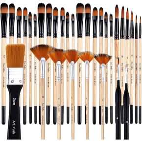 32 Pieces Paint Brush Set, Artist Series, Nylon Bristles with Round, Filbert, Flat, Fan, Angle, Detail Brush, Suitable for Artists and Beginners for Acrylic Painting, Oil, Watercolor, Gouache
