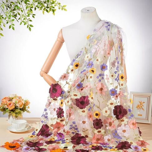NBEADS 1Yard Flower Net Lace Fabric, 37 Inch 3D Embroidered Lace Fabric Rose Pattern Net Fabric for Sewing Wedding Bridal Cloth DIY Crafts Supplies, Mixed Colors in Saudi Arabia
