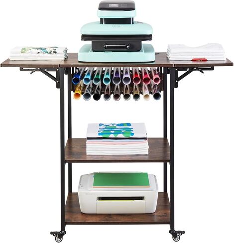 VEVOR 3 Tier Movable Heat Press Table, Foldable Heat Transfer Machine Stand with Vinyl Roll Holder, Heavy Duty Rolling Metal Workbench for DIY Sublimation Transfer Machine and Printer, Brown in Saudi Arabia