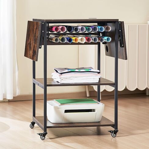 VEVOR 3 Tier Movable Heat Press Table, Foldable Heat Transfer Machine Stand with Vinyl Roll Holder, Heavy Duty Rolling Metal Workbench for DIY Sublimation Transfer Machine and Printer, Brown in Saudi Arabia