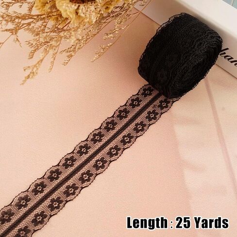 25 Yards Black Lace Ribbon Roll Lace Trim Ribbon Lace Fabric for Sewing,Baby Shower,Birthday,Bridal Shower, Wedding Decoration,Gift Packaging,Bouquet,Party Decorations(1.3 inch Width) in Saudi Arabia