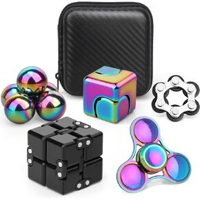 9PCS Fidget Toys Set for Adults, Sensory Pack with Fidget Chain, Infinity Cube, Fidget Spinner Cube, Magnet Rollers, Metal Rainbow Spinner, Stress Relief Desk Gadget for Office, Birthday Gift Set
