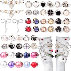 Juome Charms for Socks Shoe Sneakers - 48Pcs Sock Jewelry Charms Pins Kit, Gold Silver Junk Socks Charms Safety Pin, Bling Designer Charms Pearl Brooch Pins for Womens Socks Shoes Decoration