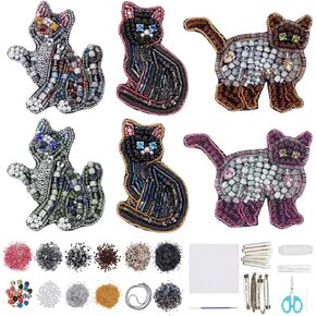 WEBEEDY 6 Styles DIY Cat Beaded Patch Kit Black Cat Brooch Pin Hair Barrette Making Kit,Handmade Animal Sequin Rhinestones Sew on Patch Beaded Embroidery Kit for Clothes Shoes Bags