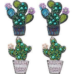 FREEBLOSS 4Pcs Cactus Beaded Applique Cactus Sew on Patches Beaded Appliques Sequin Patches Rhinestone Sew on Patches Embroidered Decorative Patch for Jackets Jeans Clothes Caps