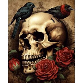 Generic Skull and Raven Cross Stitch Kits for Beginners Pattern Stamped Cross-Stitch Supplies Needlework DIY 11CT 3 Strands Cotton Thread Printed DIY Needlepoint Kits 40×50cm (YR93)