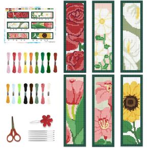 BEUNITONE 6 Pcs Flower Cross Stitch Bookmark Kit for Adult Beginners Colorful Floral DIY Stamped Embroidery Bookmark Kit with Instructions Printed Cross Stitch Kits for DIY Crafts 2.4x7.9 in