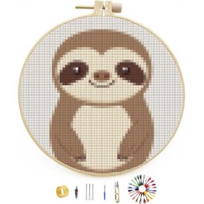 Generic Easy Stamped A Cute Cartoon Sloth Cross Stitch Kit for Beginners with Hoop Simple Patterns 11CT Counted Embroidery Needlepoint Crafts Arts for DIY Enthusiasts and Home Decor 22x22cm