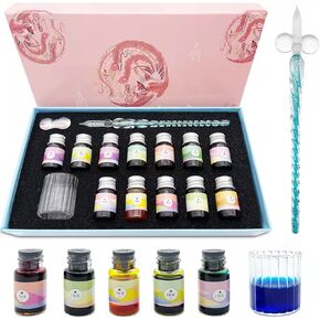 Calligraphy Dip Pen Set - 12 Colorful Inks, Glass Pen Holder, Glass, Crystal Pen for Art Writing, Drawing, Signatures, Decoration,Holiday Gift Set Calligraphy Beginners