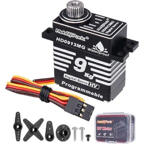 HobbyPark Waterproof 9kg High Torque RC Micro Servo Metal Gear Stainless Aluminum Shell Digital Motor for Traxxas 1/10 TRX4 1/18 TRX4M RC Crawler Car Plane Boat Robot Programmable Arduino Servo 180°