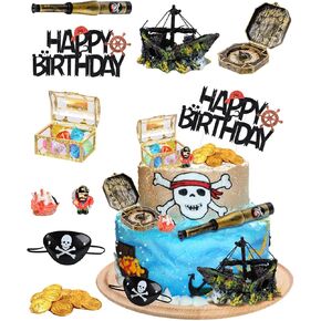 28 Pieces Pirate Ship Cake Topper Pirate Birthday Party Decorations Pirate Party Favors Gold Coins Pirate Gems Treasure Chest Compass Telescope for Pirate Theme Party Supplies