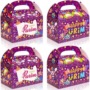 16Pcs Purim Party Favor Boxes Purple Purim Gable Boxes Masque Crown Hamantaschen Patterned Goodie Boxes for Purim Party Gifts Wrapping Supplies