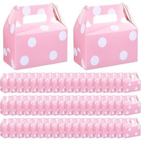 TecUnite 50 Pcs Pink Polka Dot Party Favors Boxes Large Treat Candy Gift Boxes with Handles 6.3 x 6.3 x 3.5 Inches for Birthday Halloween Christmas Party Supplies