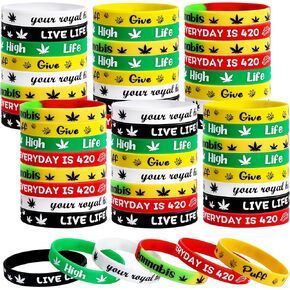 Adnee 48 PCS Silicone Leaf Wristband - أساور للجنسين للأعشاب الضارة في 6 تصاميم - أساور مطاطية أسود باللونين الأحمر الصفراء لـ 420 إكسسوارات حفلات الحفلات