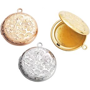 Teensery 3 Pcs Stainless Steel Engraved Floral Round Photo Locket Pendant Necklace Charm for DIY Jewelry Making (Gold, Rose Gold, Silver)