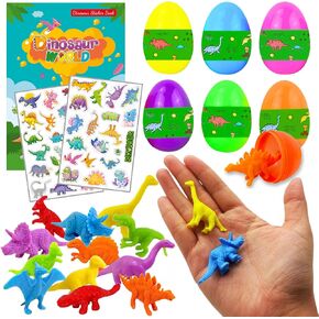 Easter Basket Stuffers for Toddlers: Pre-Stuffed Easter Eggs with 12 Mini Dinosaurs and a Dinosaur Themed Re-usable Sticker Activity Book | Easter Toys for Toddler Kids Boys Age 2 3 4 5 6