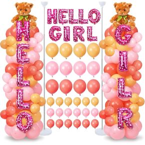 Hungdao 2 Sets Baby Shower Balloon Column Stand Kit 4.92 feet Adjustable with Base and Pole Latex Aluminum Balloons Stuffed Bears for Gender Reveal Party Decorations(Hello Girl)