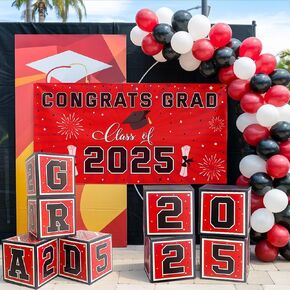 Graduation Decorations Class of 2025, 67pcs Navy Blue and Gold Graduation Party Supplies Balloon Arch Kit, Boxes, Congrats Backdrop, Grad Banner