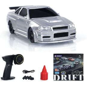 TOUCAN RC HOBBY Remote Control Race Car 1/43 RTR with Gyro RC Drift Car 4WD Traffic Cones Mini Toy Model for Indoor Outdoor (Silver)