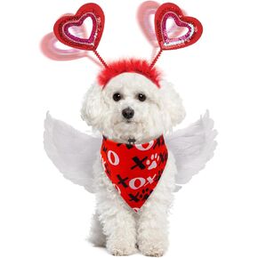 SCENEREAL Valentines Day Dog Outfit/Birthday Bandana with Feather Wing & Heart Headband Dogs Girls Set, Red Puppy Kitty Party Supplies for Small Medium Dogs Cats, Pet Costumes