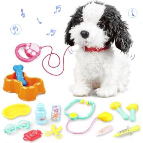 Dollox Walking Barking Toy Dog Pets with Remote Control Leash, Plush Interactive Puppy Electronic Toy for Kids, Shake Tail, Pretend Dressup Stuffed Animal with Veterinary Kit, Gifts for Ages 3 4 5 6