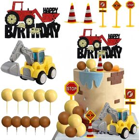 17 PCS Construction Cake Toppers Vehicles Cake Decoration Set Excavator Cupcake Toppers Traffic and Road party Decor Construction Vehicles Cake Toppers