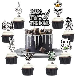 25PCS Bad Two The Bone Cake Cupcake Toppers Bad 2 The Bone Party Decorations Skull 2nd Birthday Decorations Boys Rock n Roll 2nd Cake Decorations
