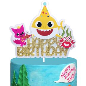 Gold Glitter Shark Baby Cake Topper Shark Happy Birthday Cake Toppers for Boys Girls 1st 2nd 3rd Birthday Cake Decorations Shark Party Supplies