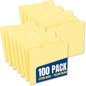1InTheOffice Yellow Folders, File Folders Letter Size, Filling Folder, Top Tab, 1/3 Cut Assorted Tab, 100 Pack