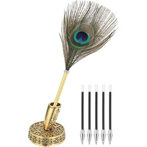PATIKIL Peacock Feather Ballpoint Pens Bulk, Metal Holder Black Ink Vintage Quill Writing Pens with 5 Pieces Refill for Office, Wedding Signature, Gold