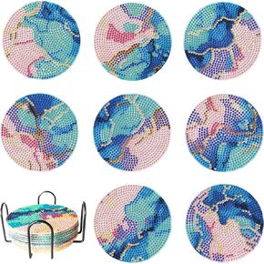 Ocean Diamond Art Painting Coaster Kit, 8Pcs DIY Diamond Crafts Kit with Holder, Pink&Blue Marble Abstract Stripe, DIY Table Coasters Set for Coffee Cup, Wine Beer Cup