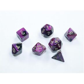 'Black and Purple Gemini Mini Dice with Gold Colored Numbers 10mm (3/8in) Set of 7 Chessex