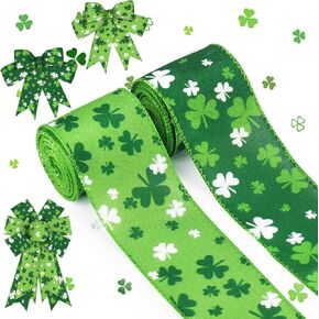 ALIBBON 2 Rolls 2.5" × 5 Yd St. Patrick's Day Ribbon Irish Shamrock Wired Ribbon Green Clover Ribbon for St. Patrick's Wreath DIY Crafting Bows Gifts Wrapping St. Patrick's Party Decoration