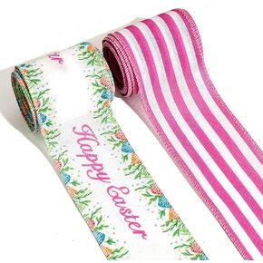 LINGMIN 2 Rolls Easter Ribbon for Wreath Bow Wrapping Gifts, Pink Stripe Happy Easter Ribbon for Gift Wrapping Decoration Party Supplies Craft 2.5" X 10 Yard Wired Spring Easter Theme Wreath Ribbon