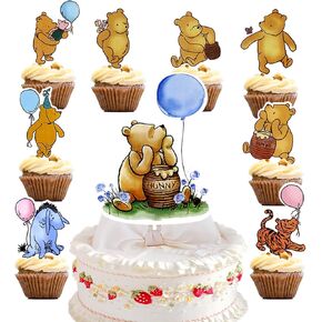 25Pcs Winnie Cake Topper, Classic Pooh Bear Cupcake Toppers Decor for Winnie Theme Baby Shower Birthday Cake Decoration Kids Party Supplies