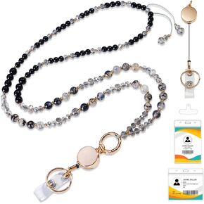 Retractable Lanyards for ID Badges and Keys with Badge Reels, Natural Stone Beaded Lanyard for Women and Teacher, Cute Lanyard for Cruise, Office and Travel (Black Agate Stone)