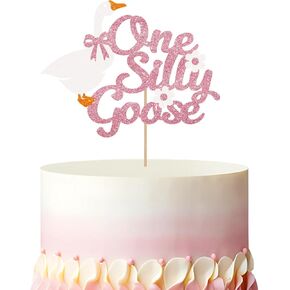 One Silly Goose Cake Topper, Goose 1st birthday Cake Topper, Pink Glitter Silly Goose Cake Decor for Girl Baby Shower, Farm Animal Theme First Birthday Party Decoration