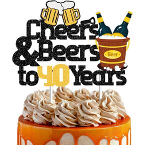 40th Birthday Cake Toppers-Gold and Black Glitter, Cheer and Beer to 40 years Funny 40th Cake Topper for Him,40 Cake Topper For Her, 40th birthday decorations For Him and Her Decor