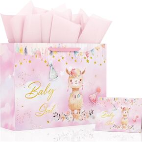 slapaflife Extra Large Baby Girl Gift Bag for Baby Shower,16'' Cute Llama baby Girl Gold Foil Gift Bag with Card and Tissue Paper,Baby Shower, Baby Birthda