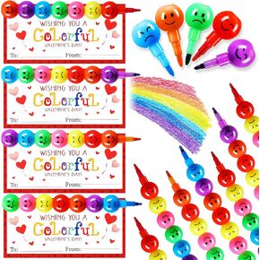 24 Valentines Cards and Stacking Crayons 24 Pcs 7 Colors Cartoon Face Buildable Crayons 24 Pcs Valentines Greeting Cards for Boys Girls Classroom Prizes Goodie Bag Fillers Party Supplies