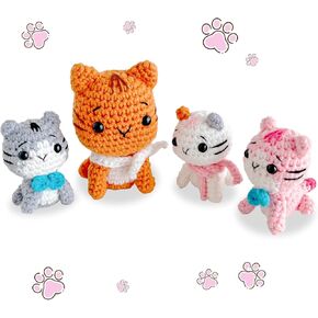 CHATTOB Crochet Kit for Beginners, Crochet Kit with Step-by-Step Video Tutorials, Beginner Crochet Kit for Adults and Kids, DIY Crochet Animal Kits Knitting Supplies, 4 Colorful Cat Family, Colorful