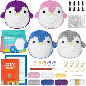 4 أجهزة كمبيوتر Penguins مبتدئين الكروشيه Kit Kit Crochet Starter Kit Beginner للبالغين Kids DIY Craft مع خطوة بخطوة خيوط الكروشيه مع إكسسوارات الكروشيه لمحبي الكروشيه عيد الميلاد