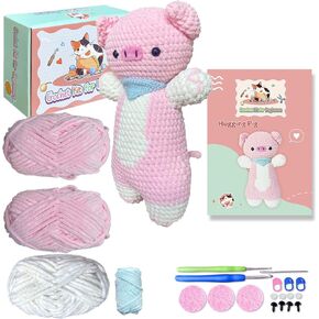 XANSO Animal Crochet Kit for Beginners - Adults Kids Knitting DIY with Easy Peasy Yarn - Cute Pink Pig (1) (1)