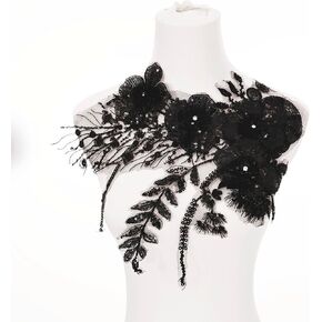 3D Lace Sequin Applique Sewing for Wedding Dress, Evening Gown, Hemline DIY Decoration（Black