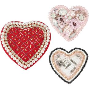 INFUNLY 3 Style Heart Rhinestones Applique Sew on Heart Beaded Patch Crystal Heart Patch Red Pink White Heart Embroidery Patch Applique for Clothing Jeans Jackets Handbag Shoes DIY Decor