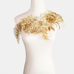 Handmade 3D Embroidery Flower Fabric Sequins Lace Applique, DIY Sewing Tools for Wedding Dress T-Shirt Flower Clothing Creative Patch Decoration (Gold)