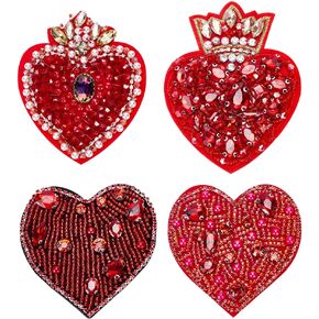 INFUNLY 4pcs Heart Beaded Patch Rhinestone Beaded Heart Patch Sew on Handmade Heart Patches for Clothing Love Heart Crown Applique Heart Crystal Embroidery Patch for Jeans Handbag Shoes DIY Decor