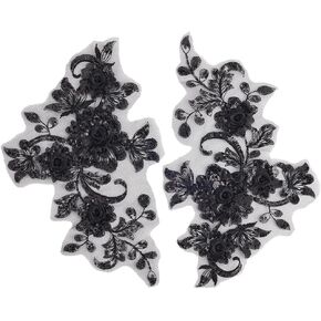 2Pcs Black 3D Floral Applique Embroidery Sequin Lace Appliques Trim Boho Embroidered Polyester Beaded Flower Sew on Tulle Patches for Sewing Making Clothes Dresses Gowns Hat Bag Jeans Supply